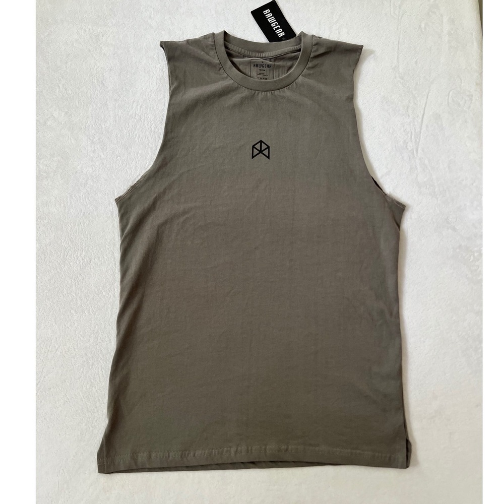 NEW Rawgear Muscle Tee Olive Graphic Back Logo Sleeveless Gym Shirt - M